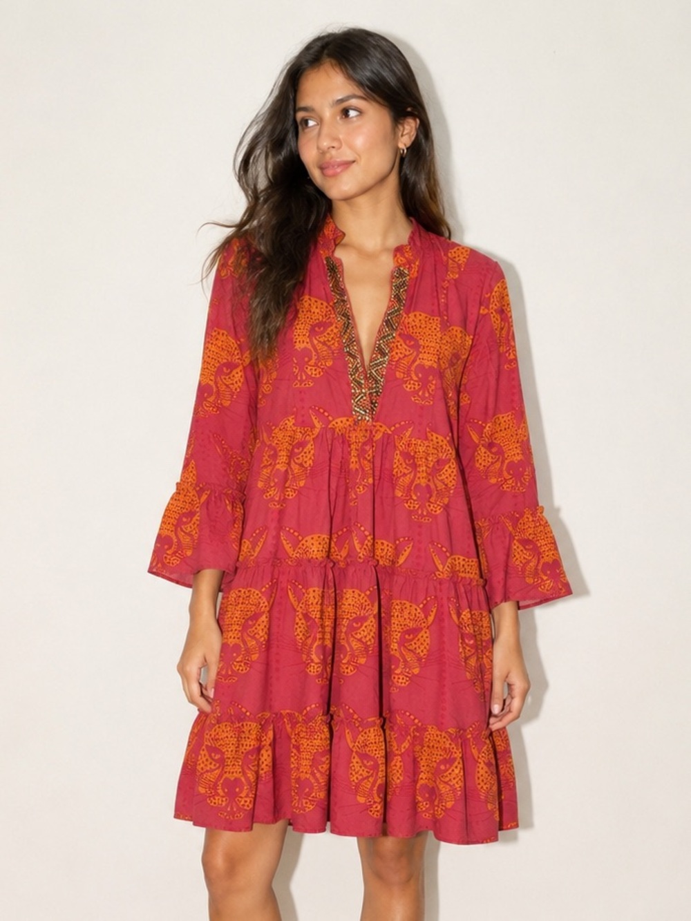 Sheridan French Caty Coral Jungle Cat Tiered Mini Dress Large